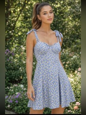 Lily Rose Blue Mini Dress with White Floral Print Babydoll Milkmaid Lined Large
